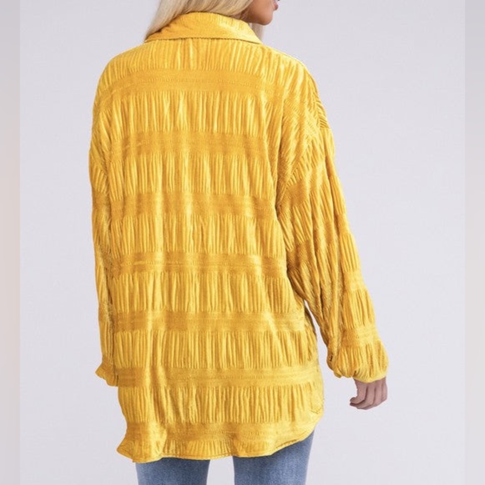 Bibi Gold Velvet Button Down Shirt Oversized Wrinkle Effect Top Mustard NWT - Picture 5 of 16